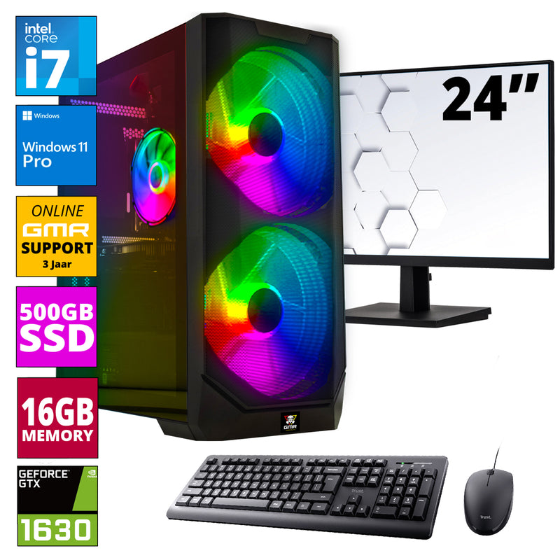 Intel Compleet PC SET 24" | Intel Core i7 | 16 GB RAM | 500 GB SSD | GTX 1630 | Windows 11 Pro