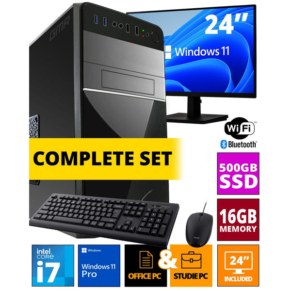 Intel Compleet PC SET | Intel Core i7 | 16 GB RAM | 500 GB SSD | Windows 11 Pro | Inclusief 24" Monitor, Muis & Toetsenbord