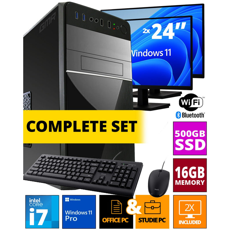 Intel Compleet PC SET | Intel Core i7 | 16 GB RAM | 500 GB SSD | Windows 11 Pro | Inclusief 2 x 24" Monitor, Muis & Toetsenbord